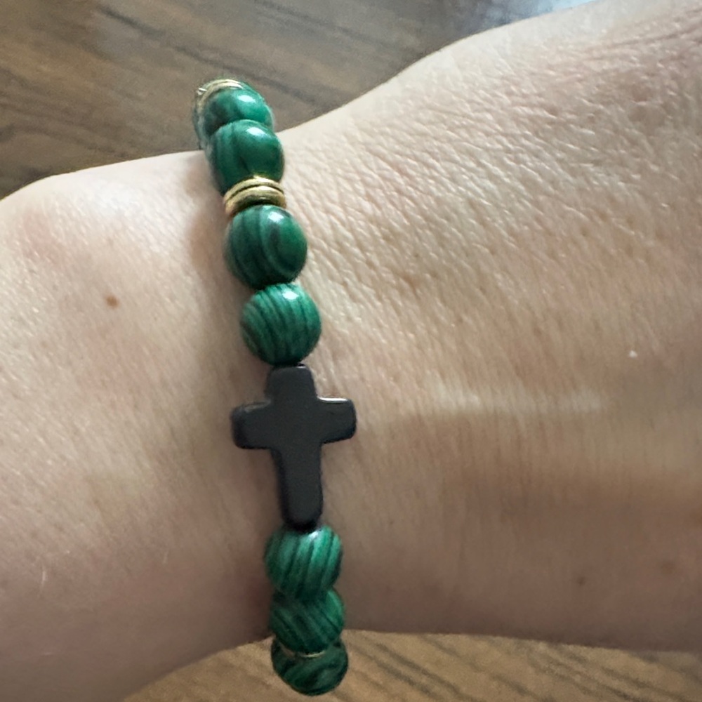 Green Beaded Bracelet with Black Cross